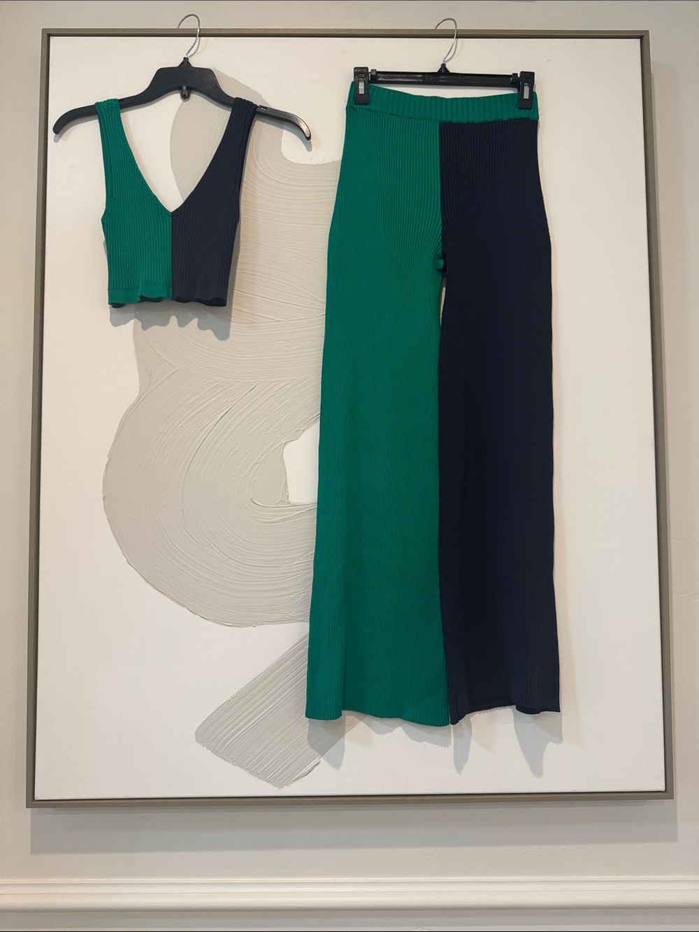 STAUD Two-Tone Green & Navy Wide-Leg Ribbed Pants Size XS Top Size Small